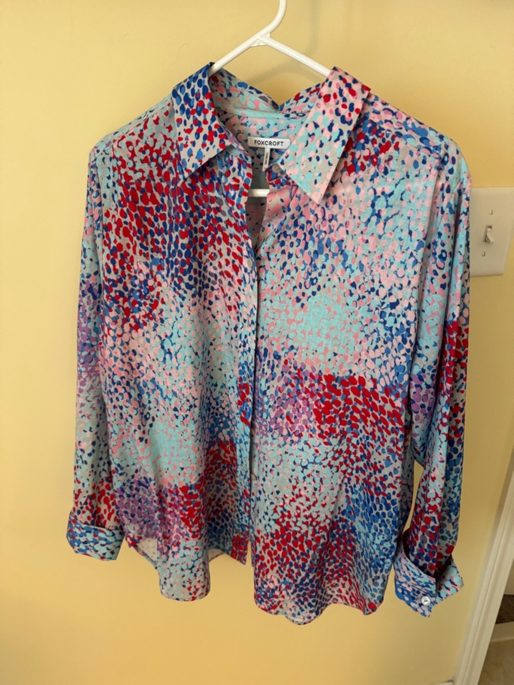 Foxcroft Multicolor No Iron Linen  Button-Down Blouse in Aqua, Red & Blue